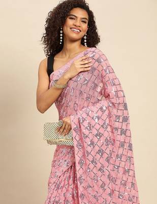 Blue sequinned border tissue saree with unstitched blouse piece 1