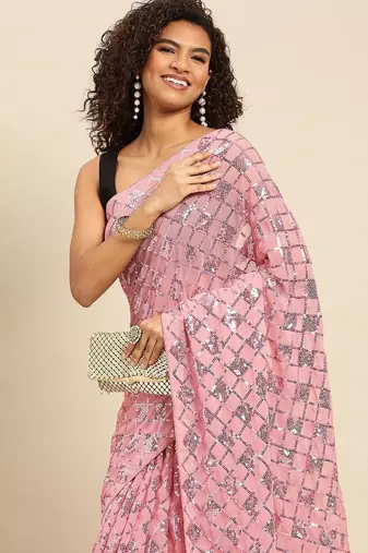 Blue sequinned border tissue saree with unstitched blouse piece