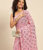 Blue sequinned border tissue saree with unstitched blouse piece