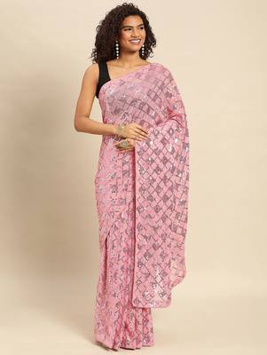 Blue sequinned border tissue saree with unstitched blouse piece 2