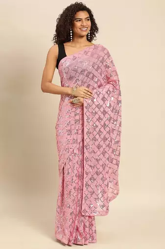 Blue sequinned border tissue saree with unstitched blouse piece