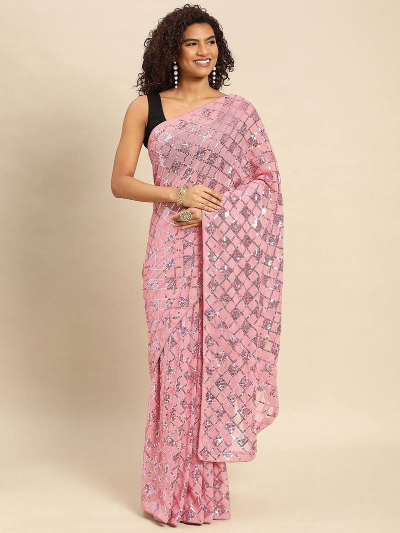 Blue sequinned border tissue saree with unstitched blouse piece