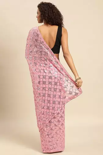 Blue sequinned border tissue saree with unstitched blouse piece