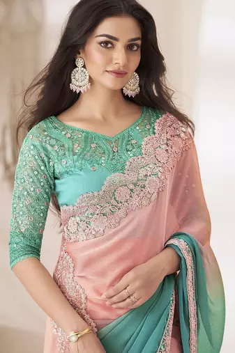 Purple embellished saree with unstitched blouse