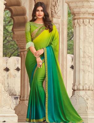 Green embroidered satin saree with unstitched blouse piece 1
