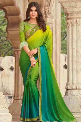 Green embroidered satin saree with unstitched blouse piece