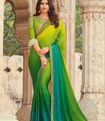 Green embroidered satin saree with unstitched blouse piece
