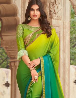 Green embroidered satin saree with unstitched blouse piece 2