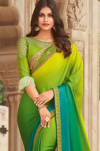 Green embroidered satin saree with unstitched blouse piece