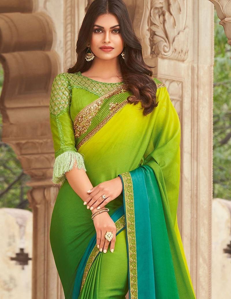 Green embroidered satin saree with unstitched blouse piece