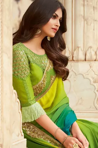 Green embroidered satin saree with unstitched blouse piece