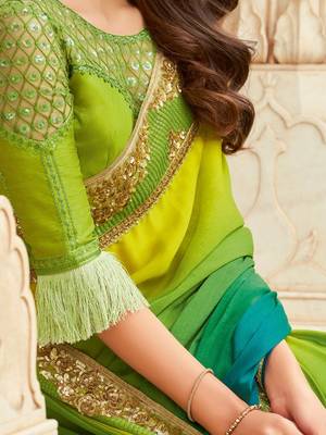 Green embroidered satin saree with unstitched blouse piece 4