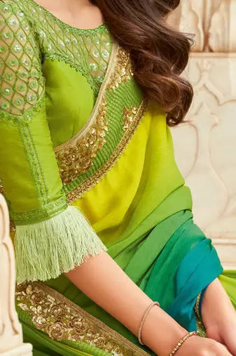 Green embroidered satin saree with unstitched blouse piece