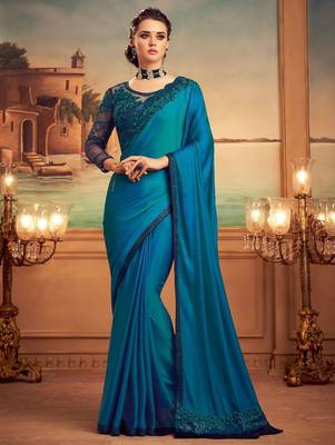 teal floral embellished sequinned saree 1