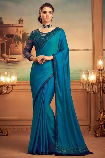 teal floral embellished sequinned saree