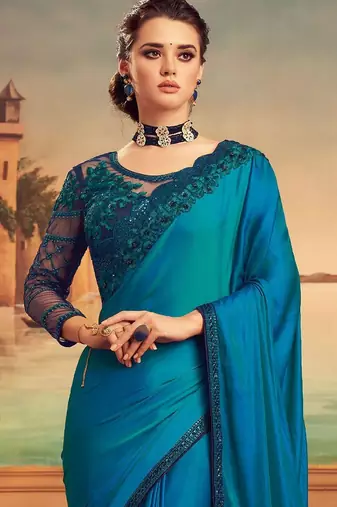 teal floral embellished sequinned saree