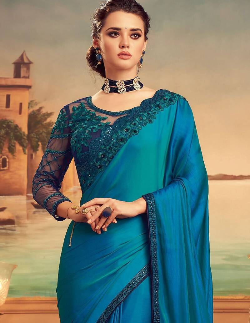 teal floral embellished sequinned saree