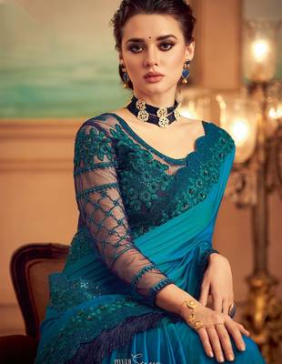 teal floral embellished sequinned saree 3