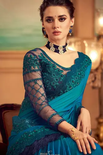 teal floral embellished sequinned saree