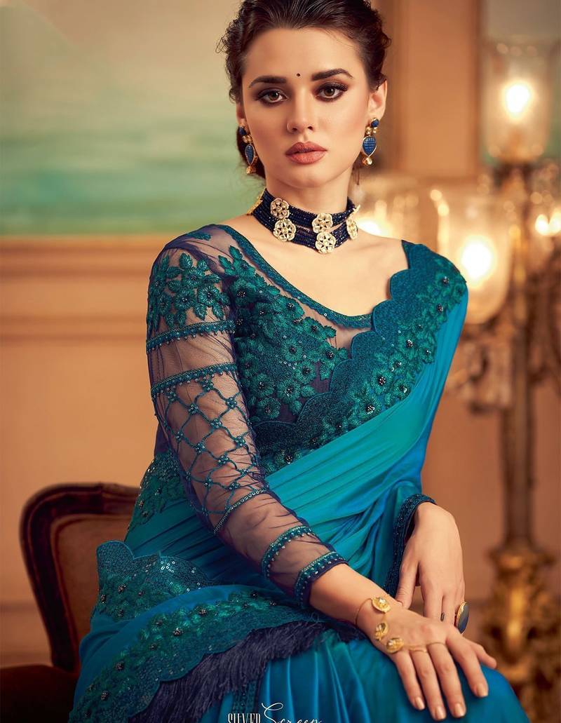 teal floral embellished sequinned saree