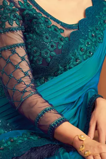 teal floral embellished sequinned saree