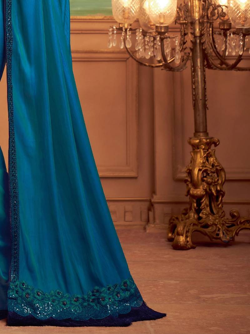 teal floral embellished sequinned saree