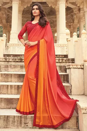 orange women ombre embellished sequinned saree