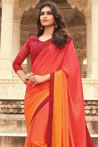 orange women ombre embellished sequinned saree