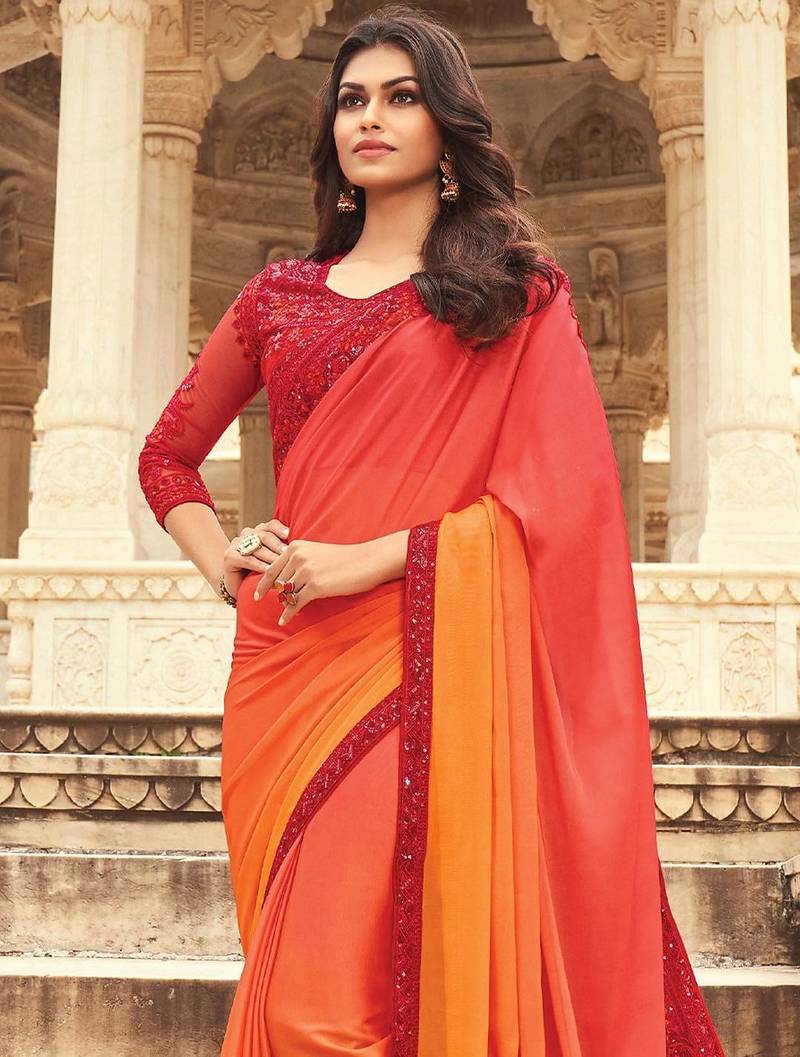 orange women ombre embellished sequinned saree