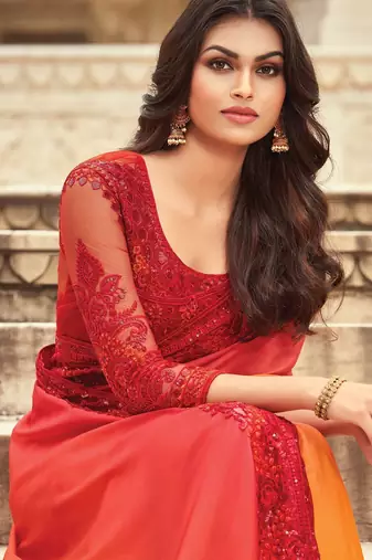 orange women ombre embellished sequinned saree