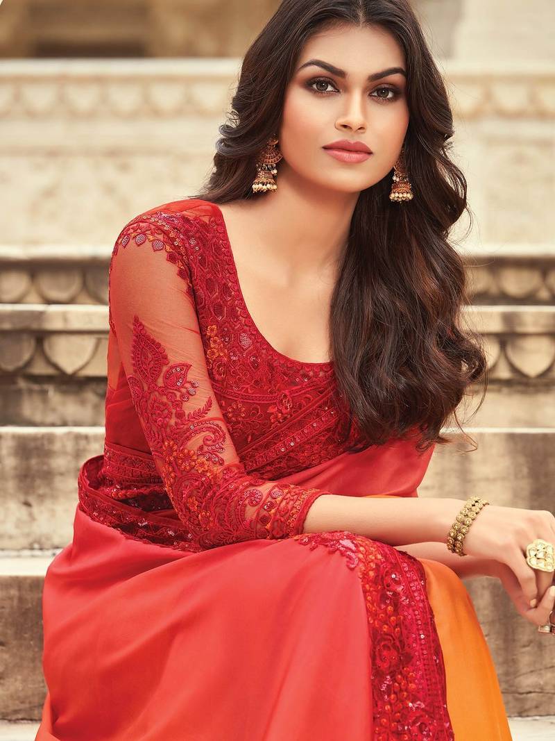 orange women ombre embellished sequinned saree