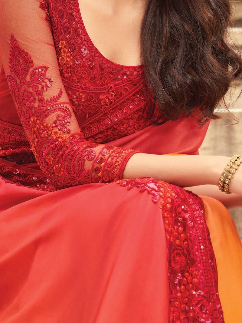 orange women ombre embellished sequinned saree