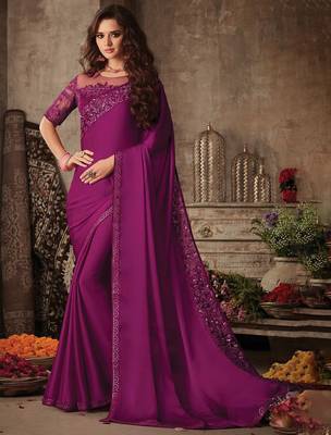Pink women embellished satin saree with unstitched blouse 1