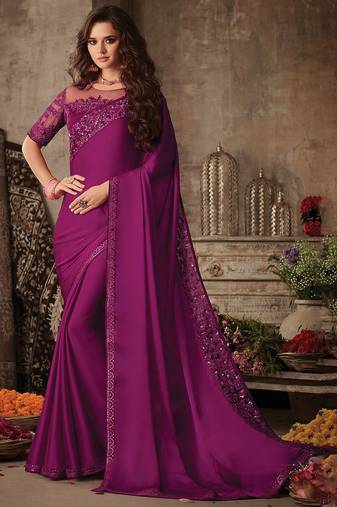 Pink women embellished satin saree with unstitched blouse