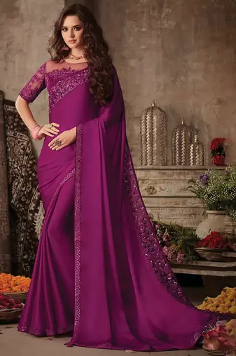 Pink women embellished satin saree with unstitched blouse