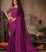 Pink women embellished satin saree with unstitched blouse