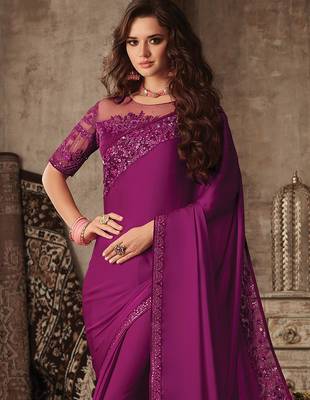 Pink women embellished satin saree with unstitched blouse 2