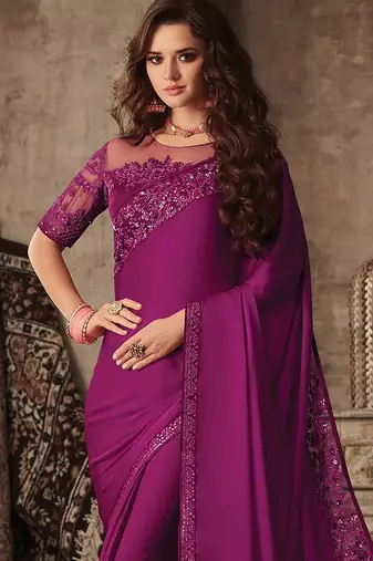 Pink women embellished satin saree with unstitched blouse