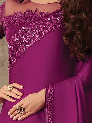 Pink women embellished satin saree with unstitched blouse 3
