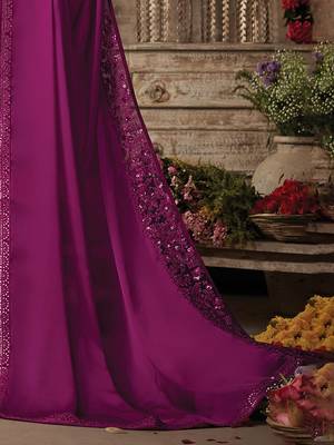 Pink women embellished satin saree with unstitched blouse 4