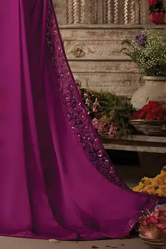 Pink women embellished satin saree with unstitched blouse