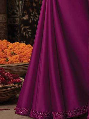Pink women embellished satin saree with unstitched blouse 5