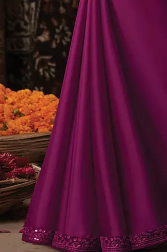 Pink women embellished satin saree with unstitched blouse