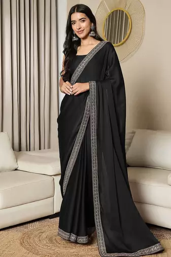 black sequinned satin ready to wear saree