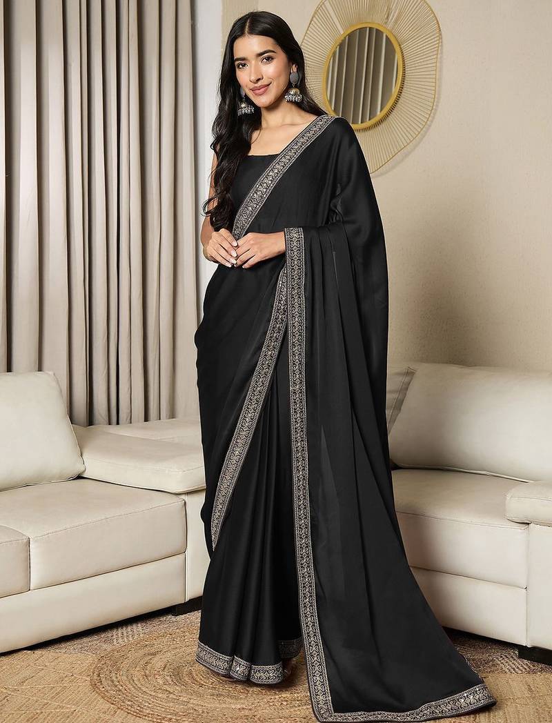 black sequinned satin ready to wear saree