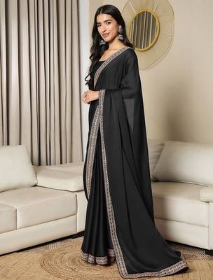 black sequinned satin ready to wear saree 2