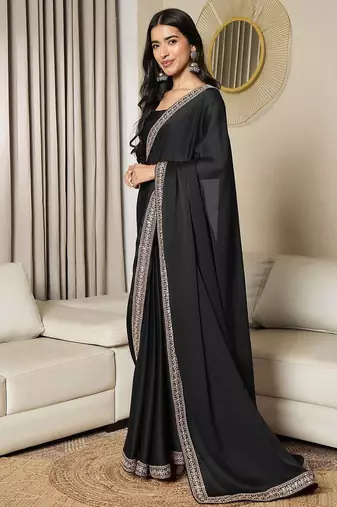 black sequinned satin ready to wear saree