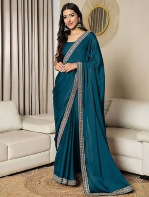 teal sequinned satin ready to wear saree 1