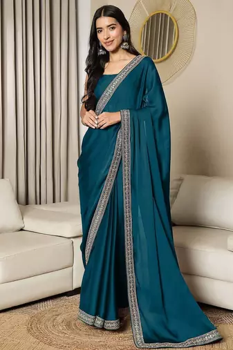 teal sequinned satin ready to wear saree