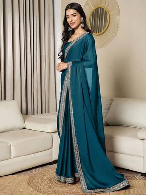 teal sequinned satin ready to wear saree 2
